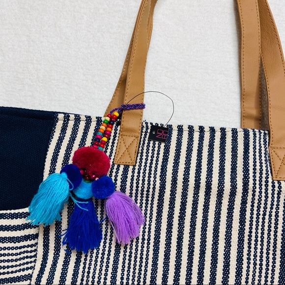 Tote Bag Beach Striped Blue White Canvas Tassels - Picture 7 of 8